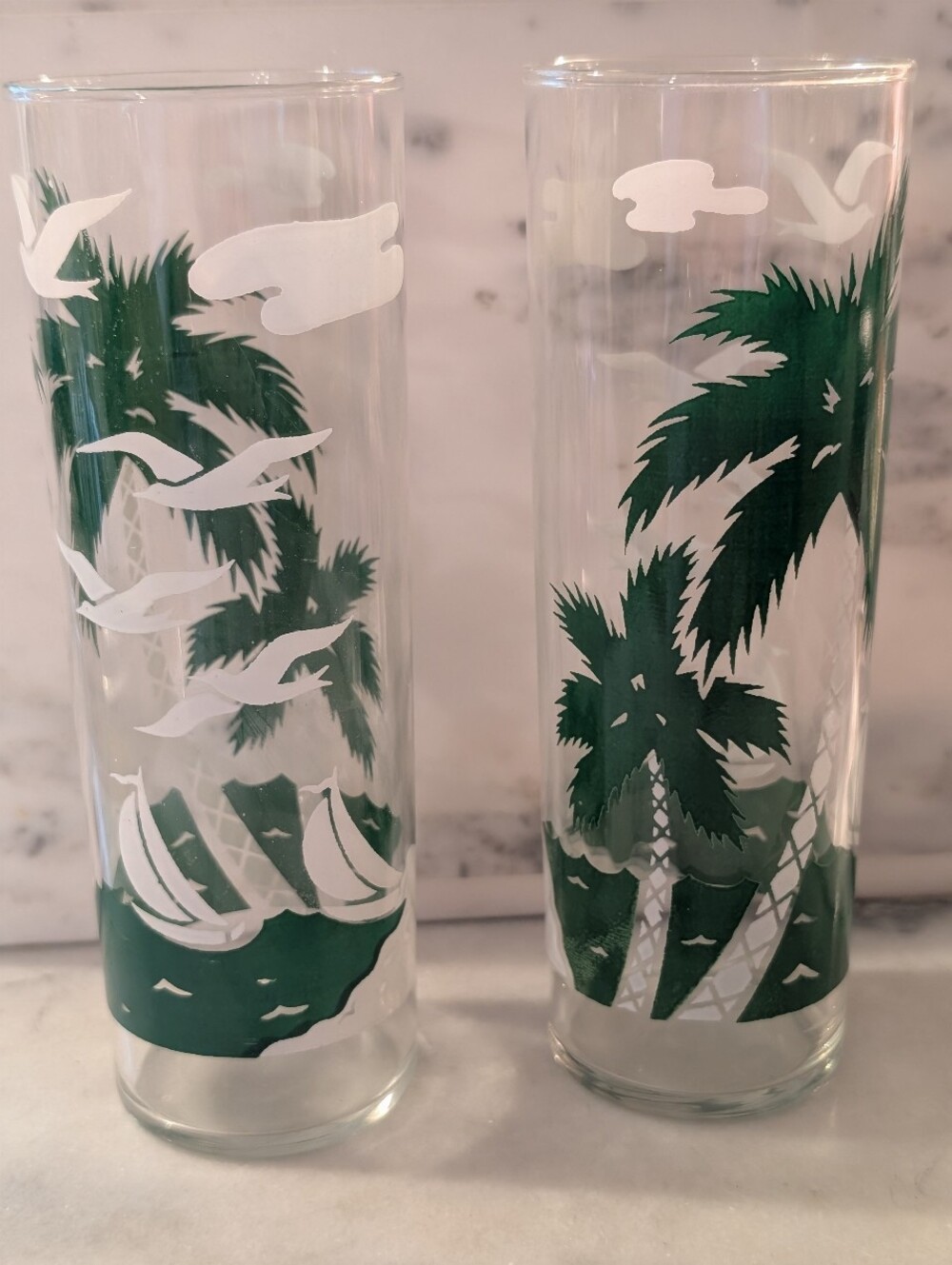 Vintage 1960s Libbey Green Palm Tree Sailboat Tom Collins Glasses Set of 2 Mint